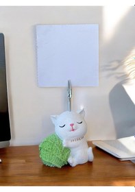 Resim Yeşil Yumak Tutan Oturan Kawaii Kedi Temalı Not Tutacağı Fotoğraf Tutacak Tutucu Ofis Seti Hediyelik Yeşil 