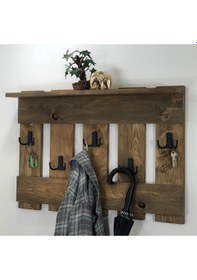 Resim Doğal Ahşap 5 Askılı Vestiyer, Masif Portmanto, Koyu Meşe 