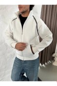 Resim Genel Markalar Erkek Oversize Dik Yaka Fermuarlı Sweatshirt - Zincir Nakışli Kanguru Cepli - Beyaz 