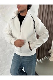 Resim Genel Markalar Erkek Oversize Dik Yaka Fermuarlı Sweatshirt - Zincir Nakışli Kanguru Cepli - Beyaz 