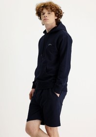 Resim Orta Lacivert Kapüşonlu Baskılı Pamuklu Sweatshirt 