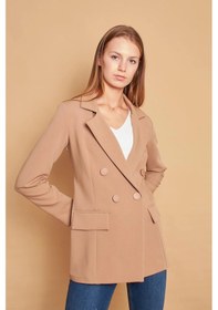Resim Kadın Düğme Detaylı Uzun Kol Şık Ofis Süs Cep Kapaklı Kumaş Blazer Ceket -bej Bej 