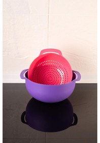 Resim Makarna, Sebze, Meyve Yıkama Süzgeci Badyalı - 5 Litre Karıştırma Kabı Çok Amaçlı İkili Set 26 Cm Mor 