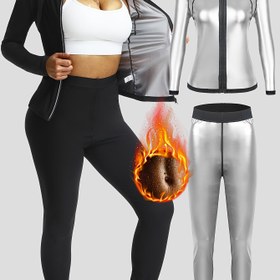 Resim 2 Adet Kadın Fitness Uzun Kollu Pantolon Takımı Kadın Sauna Spor Uzun Kollu Pantolon Takımı Kadın Sauna Takımı Avrupa ve Amerikan Kadın Terleme Takımı Spor Sauna Terleme Kıyafetleri Fitness Yoga Isıtma Terleme Ceketi Terleme Kıyafetleri Terleme Şortları Kadın Yoga Takımı 