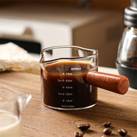 Resim 75 ml / 2.54 oz Ahşap Saplı Cam Yoğun Kahve Fincanı, Çift Memeli Süt Kupası Ahşap Sap ile, İtalyan Kahvesi için V Şekilli Ağız, Kahve, Süt, Çay veya Akçaağaç Şurubu için Uygun 