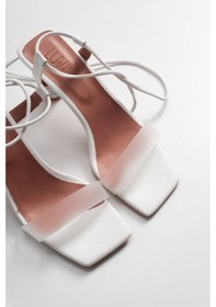 Resim Luvi Shoes Tanya Beyaz Cilt Şeffaf Bantlı Bağcıklı Kadın Topuklu Sandalet Beyaz 