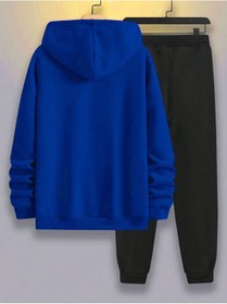 Resim Fresh Eşofman Takımı Sweatshirt Jogger - Sax Mavi Siyah Baskılı Şardonlu Kapüşonlu Lacivert 