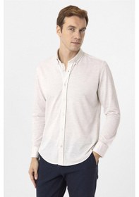 Resim Süvari Ekru Slim Fit Armürlü Düğmeli Yaka Gömlek 