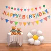 Resim 3 adet Doğum Günü Parti Bayrağı ve Balon Dekor Seti - Renkli "Mutlu Doğum Günü" Bayrağı Balonlar, Üçgen Bayraklar ve Peluş Ayılar ile - Doğum Günü Kutlamaları ve Parti Dekorasyonları için İdeal, Doğum Günü Parti Dekorasyonları | Güler Yüzlü Parti Teması | Dayanıklı Kağıt Kalitesi, Doğum Günü Parti Dekorasyonları 