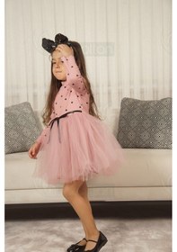 Resim Kız Bebek-çocuk Uzun Kollu Doğum Günü Ve Özel Günler İçin Kalpli Tüllü Astarlı Elbise Gül Kurusu Gülkurusu 