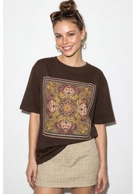 Resim Shade Kadın Etnik Desenli Boncuk İşlemeli Baskı Detaylı Oversize T-shirt 2128 60286123 - Kahverengi 