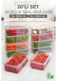 Resim Kitchen Life 20 Adet Kapaklı Derin Dondurucu Difriz Saklama Kabı - Buzdolabı Düzenleyici 10 x (1000ml) 10 x (2000ml) Şeffaf 