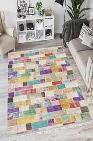 Resim Patchwork Westa Kaymaz Tabanlı Yıkanabilir Antibakteriyel Dijital Baskı Patchwork Halı Kilim, PW-8094A-WST-100X400 