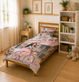 Resim Evmila Karikatüristik Bisikletli Kız Temalı Nevresim Takımı - 200x220 cm Nevresim ( Çift Kişilik Özelleştirilmiş ) + 50x70 cm Yastık Kılıfı 2 Adet 