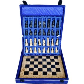 Resim Doğal Siyah Oniks ve Fosilli Taş Satranç Takımı - El Yapımı 38x38 cm Dekoratif Taş Satranç Seti (Kutu Dahil) 