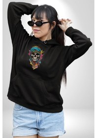 Resim Bandaba Renkli Kurukafa Kadın Erkek Siyah Kapüşonlu Sweatshirt Hoodie Siyah 