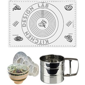 Resim Kitchen Design Lab Beyaz 45x65 CM 8'li Silikon Hamur Açma Matı Çelik Un Eleği ve Hamur Dinlendirme Poşeti 