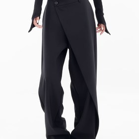 Resim Kadınlar İçin Kore Tarzı Geniş Paça Pantolon - Asimetrik Etek Tasarımı, Düz Kesim Rahat Kesim, Düz Siyah Esnek Olmayan Kumaş, Her Mevsim Kullanım, Ofis ve Günlük Giyim, Modern Tasarım, Dayanıklı Kumaş, Şık Alt Giyim, Modaya Uygun 