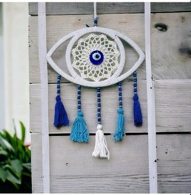 Resim Beyaz Dantelli Ponponlu Nazar Boncuklu Duvar Süsü 02-10mm 5yards 