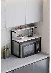 Resim Akik 2 Raflı Metal Çok Amaçlı Mutfak Rafı / Tezgah Üstü Raf Siyah Metal - Beyaz Tabla Beyaz 