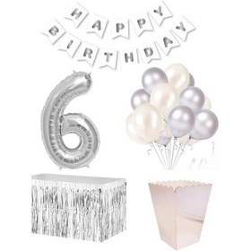 Resim 6 Yaş Beyaz Gümüş Balon Rakam Folyo Banner Mısır Kutusu Masa Et 