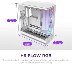 Resim NZXT H9 Flow RGB (2025) – Büyük Çift Bölmeli ATX Mid-Tower Airflow Bilgisayar Kasası – 1 x 420 mm RGB Fan Birimi ve 1 x 120 mm Fan – 420 mm Radyatör Desteği – Sertleştirilmiş Cam – Beyaz 
