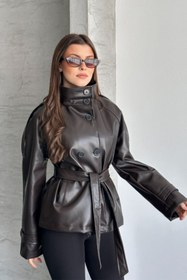 Resim AKD Atelier Kadın Suni Deri Ceket Kuşaklı Düğmeli Uzun Kollu Cepli Dik Yaka Deri Trençkot 