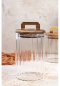 Resim Morponi Borosilikat Cam Optik Çizgili Akasya Kapaklı Kavanoz Zahire 2450 Ml Şeffaf 