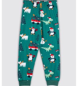 Resim Zuzunga Sevimli Kardan Adam-penguen Desenli %100 Pamuk Unisex Çocuk Pijama Takımı Yeşil 