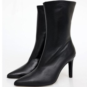 Resim Siyah Deri Sivri Burun Topuklu Bot 24374 Siyah 