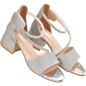 Resim Kum Simli Günlük Kız Çocuk 4 Cm Topuklu Sandalet Abiye Ayakkabı Gümüş 