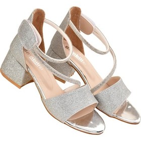 Resim Kum Simli Günlük Kız Çocuk 4 Cm Topuklu Sandalet Abiye Ayakkabı Gümüş 
