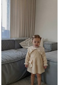 Resim Magu Kız Bebek Pamuklu Bej Fisto Yaka Elbise Uzun Kollu, Katlı Model 