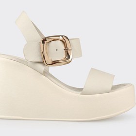 Resim Elle Ekru Deri Kadın Dolgu Topuk Sandalet 