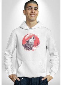 Resim Uluyan Beyaz Kurt Kadın Erkek Beyaz Kapüşonlu Sweatshirt Hoodie Beyaz 