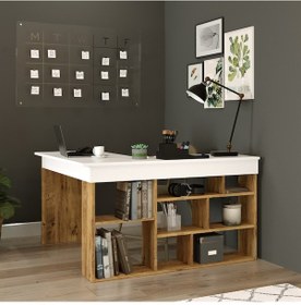 Resim Robinhome Robin Home Boston Kitaplık Raflı Çalışma Masası L Masa Ofis Çalış Beyaz 