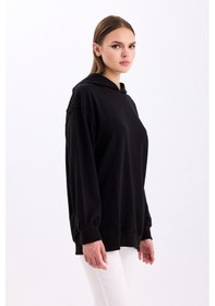 Resim Pastelastore Pamuklu Kapüşonlu 2 İplik Baharlık Oversize Sweatshirt Siyah 
