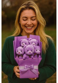 Resim 5 Li Sevimli Mor Peluş Ayıcıklar Buketi Sevgiliye Doğum Günü Özel Günler İçin Romantik Sürprz Hediye Renkli 