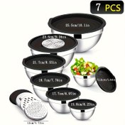 Resim 5/7 Parça Paslanmaz Çelik Karıştırma Kasesi Seti, Kalınlaştırılmış ve Dayanıklı, Rendeli, Plastik Kapaklı, Bulaşık Makinesi ve Mikrodalga Uygun, Salata ve Pişirme Araçları, Ev Mutfakları İçin Çok Fonksiyonlu Sofra Seti 