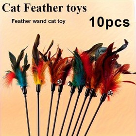 Resim 10 Adet Etkileşimli Kedi Tüy Asası Oynaklar - Gerçekçi Yapay Kuplar ve Ziller İle Sağlam Plastik/Nylon Teaser, Siyaht Uclu & Bell-Yuklu Quy, Çarpıc Renkler (Pembe, Şeftali Sarısı, Mavi Ye 