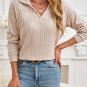 Resim Kadınlar için Yumuşak Kabartmalı V-Yaka Düşük Omuzlu Sweatshirt - Zarif Uzun Kollu Örgü Üst Açık Bej, Polyester, Makinede Yıkanabilir, Sonbahar Günlük Giyim için Mükemmel, Her Gün Moda|Düşük Omuzlu Üst|Sonbahar Giyim 
