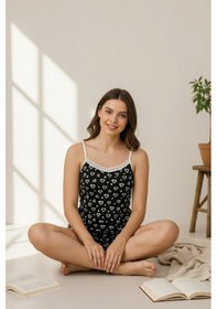 Resim Kadın Siyah Kalp Desenli Askılı Şortlu Dantelli Pijama Takımı Siyah 