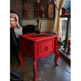 Resim Moza Sanat Vintage Komodin Kırmızı MDF Malzemeden Country Tasarım 1 Çekmeceli 