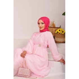 Resim JAG Önü Fırfırlı Bağcık Detaylı Tesettür Elbise Pembe 