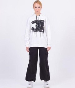 Resim Kız Çocuk Pamuklu Kapüşonlu Baskılı Sweatshirt-13425-beyaz Beyaz 