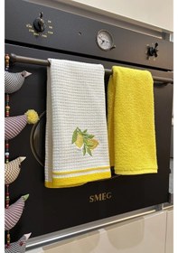 Resim 2 Li Mutfak Havlusu Sarı Renk & Limon Figürlü Kurulama Bezi - Yumuşak & Nakışlı Havlu Takımı Sarı 