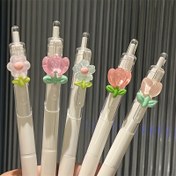 Resim Öğrenciler için Hızlı Kuruyan Plastik Kalemler, 2'li Paket, Lale Tasarımlı Geri Çekilebilir Yazma Kalemleri - Orta Uçlu 0.5mm Çiçekli Jel Mürekkepli Tükenmez Kalemler 
