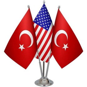 Resim Masa Üstü Amerika Bayrağı Türk Bayrağı Üçlü Krom Direk Masa Bayra 