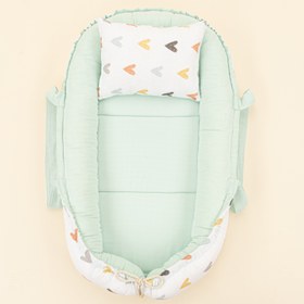 Resim Babynest ve Yastık - Çift Taraflı - Su Yeşili Muslin - Kalpler 