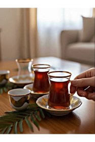 Resim 18 Parça 6 Kişilik Çay Ve Mırra Takımı - Cam Bardaklı Porselen Tabaklı Komple Set Gold 